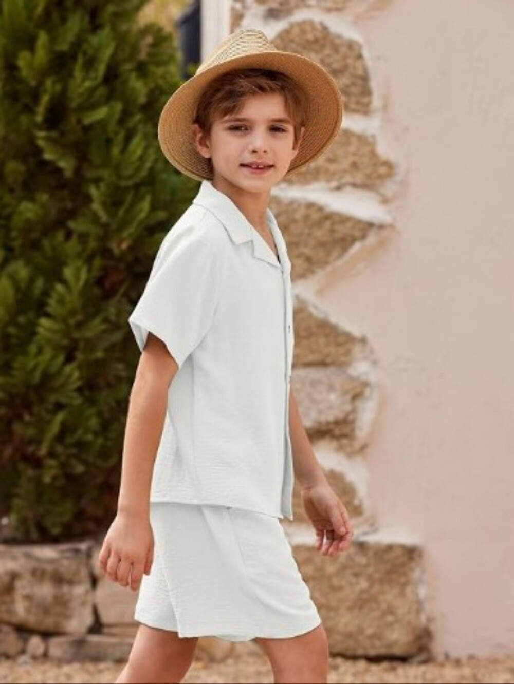 Boys 2 Piece Textured Button Down Shirt and Shorts White